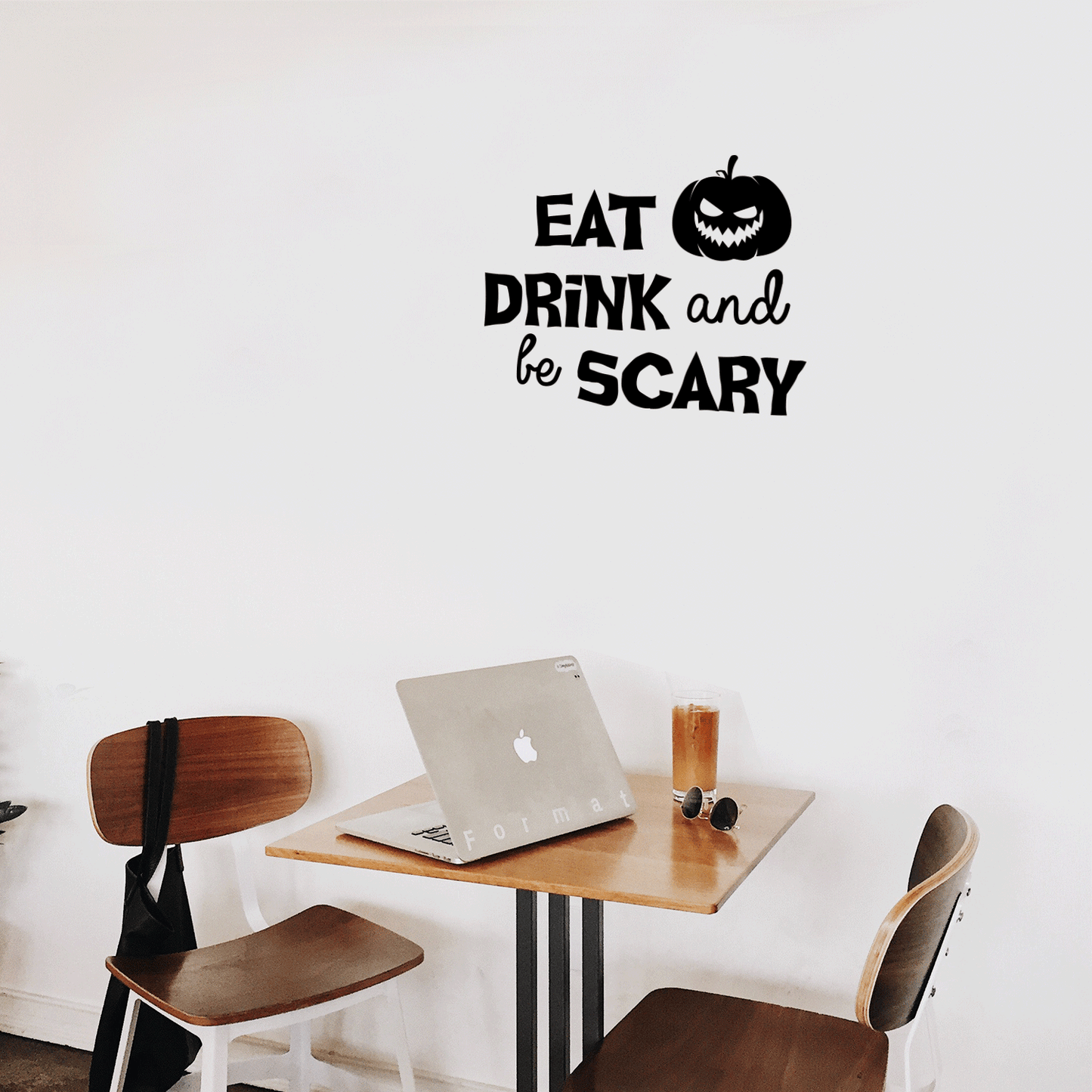 Vinyl Wall Art Decal - Eat Drink and Be Scary - 17" x 21" - Trendy Funny Halloween Pumpkin Shape Quote Sticker for Entryway Dining Room Kitchen Restaurant Coffee Shop Store Window Spooky Decor