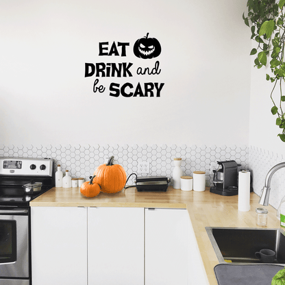 Vinyl Wall Art Decal - Eat Drink and Be Scary - 17" x 21" - Trendy Funny Halloween Pumpkin Shape Quote Sticker for Entryway Dining Room Kitchen Restaurant Coffee Shop Store Window Spooky Decor