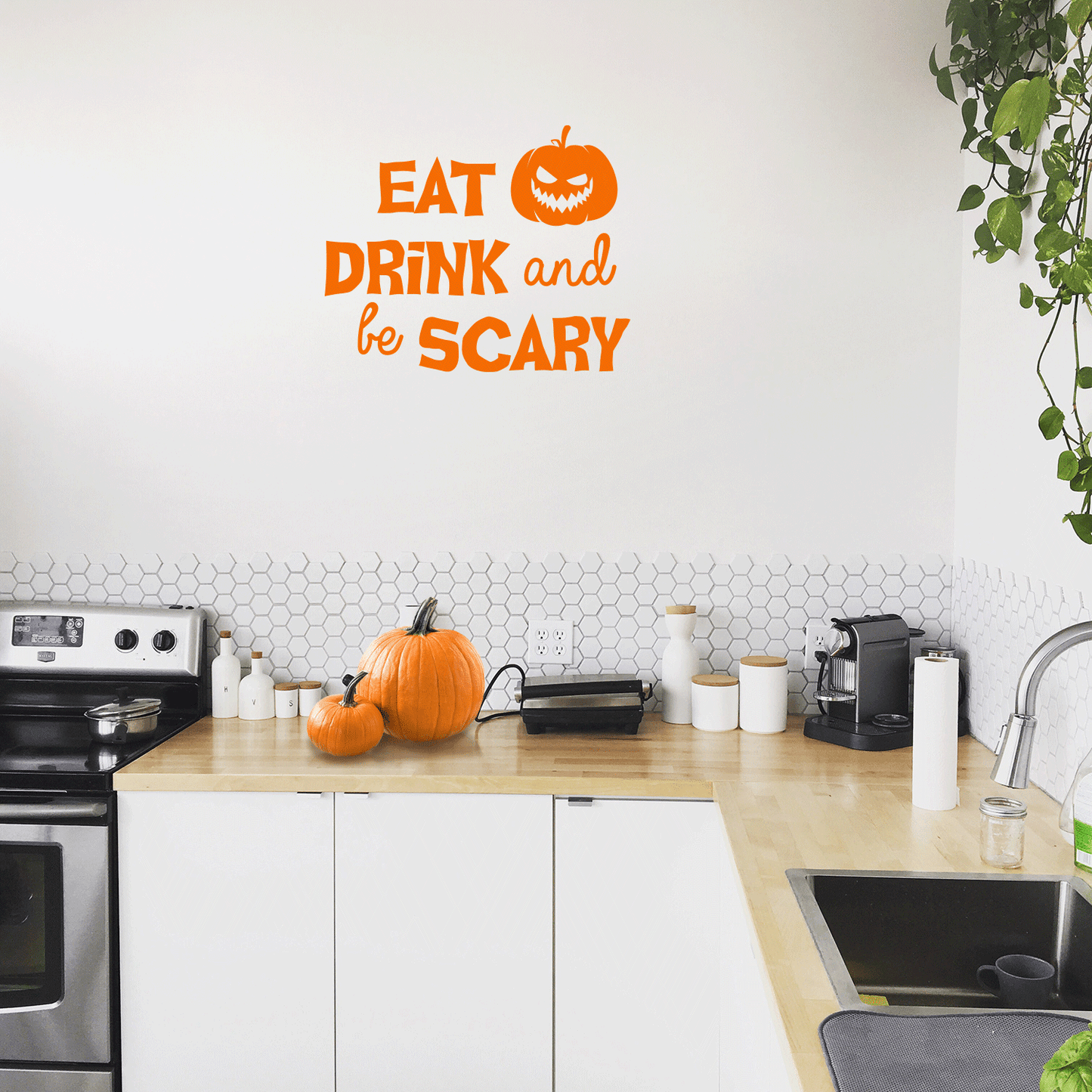 Vinyl Wall Art Decal - Eat Drink and Be Scary - 17" x 21" - Trendy Funny Halloween Pumpkin Shape Quote Sticker for Entryway Dining Room Kitchen Restaurant Coffee Shop Store Window Spooky Decor