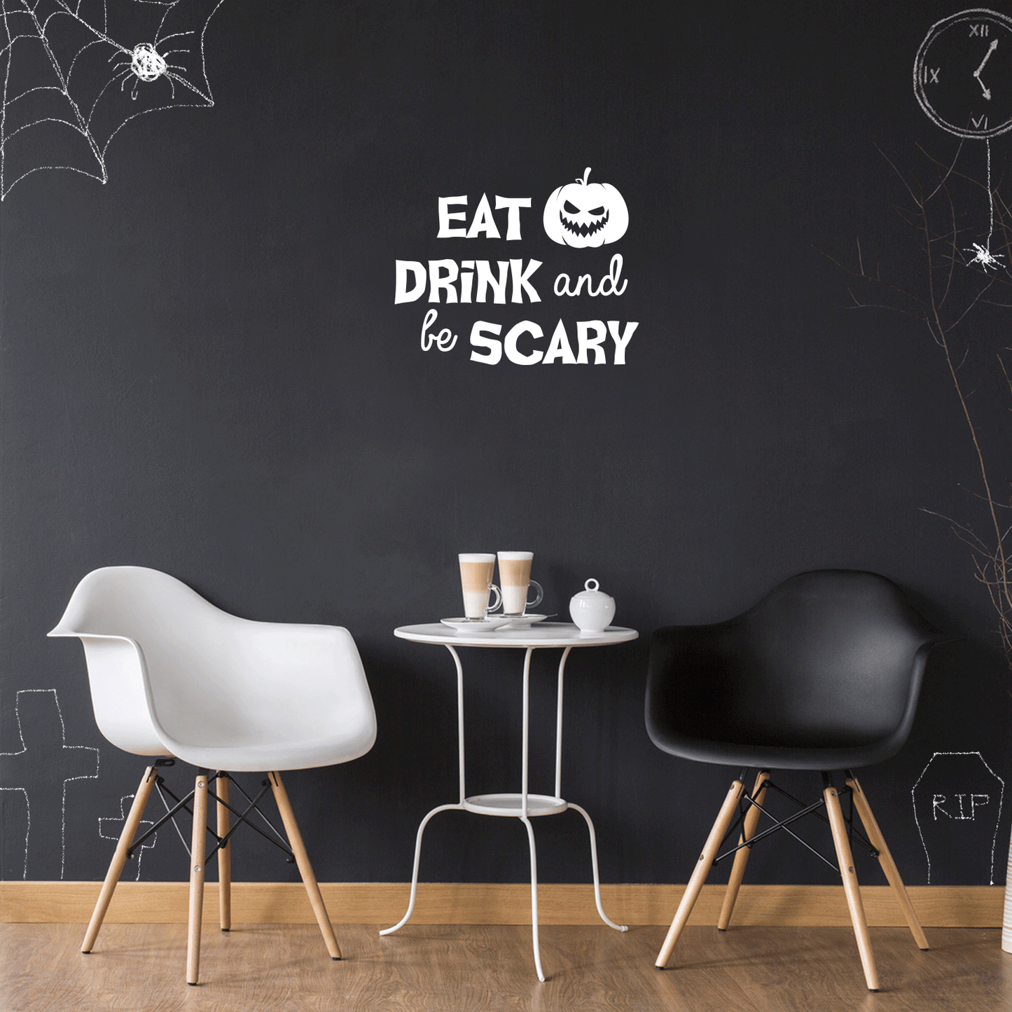 Vinyl Wall Art Decal - Eat Drink and Be Scary - 17" x 21" - Trendy Funny Halloween Pumpkin Shape Quote Sticker for Entryway Dining Room Kitchen Restaurant Coffee Shop Store Window Spooky Decor