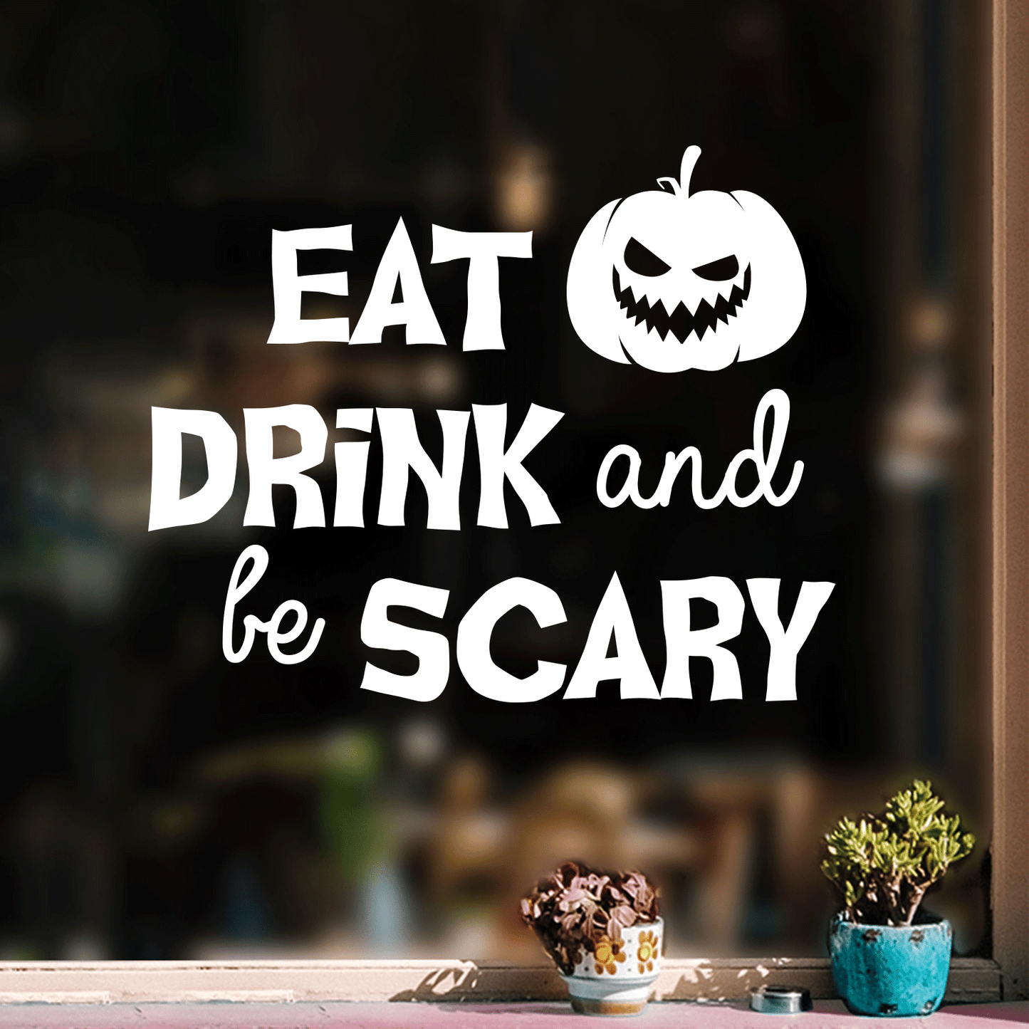 Vinyl Wall Art Decal - Eat Drink and Be Scary - 17" x 21" - Trendy Funny Halloween Pumpkin Shape Quote Sticker for Entryway Dining Room Kitchen Restaurant Coffee Shop Store Window Spooky Decor