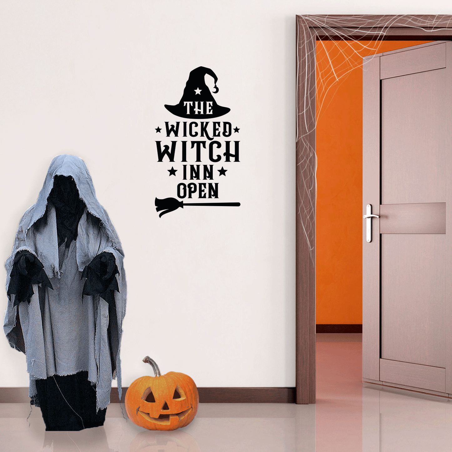 Vinyl Wall Art Decal - The Wicked Witch Inn Open - 17" x 22" - Trendy Funny Halloween Pumpkin Shape Quote Sticker for Entryway Dining Room Kitchen Restaurant Coffee Shop Store Window Spooky Decor