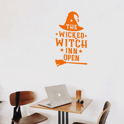 Vinyl Wall Art Decal - The Wicked Witch Inn Open - 17" x 22" - Trendy Funny Halloween Pumpkin Shape Quote Sticker for Entryway Dining Room Kitchen Restaurant Coffee Shop Store Window Spooky Decor