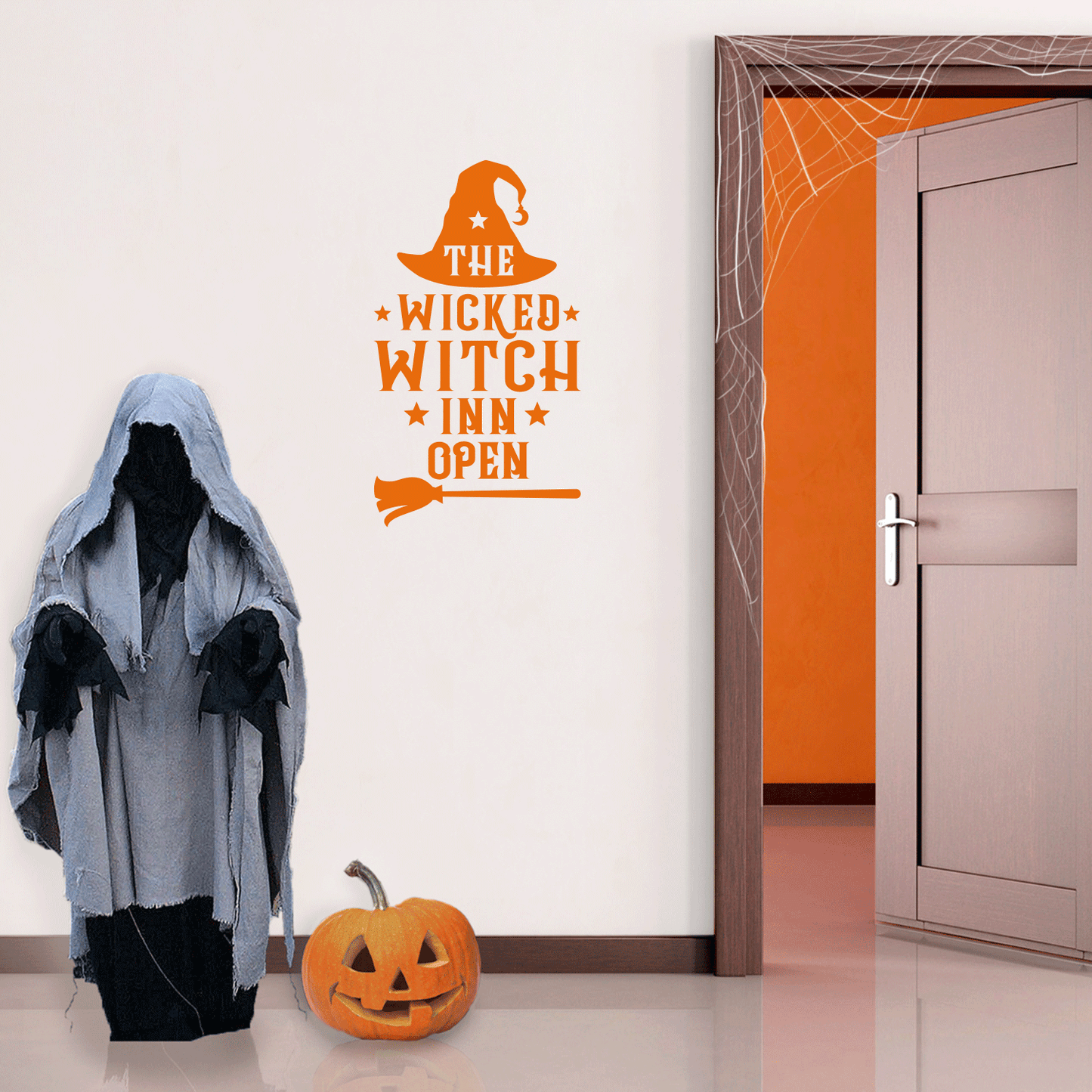 Vinyl Wall Art Decal - The Wicked Witch Inn Open - 17" x 22" - Trendy Funny Halloween Pumpkin Shape Quote Sticker for Entryway Dining Room Kitchen Restaurant Coffee Shop Store Window Spooky Decor