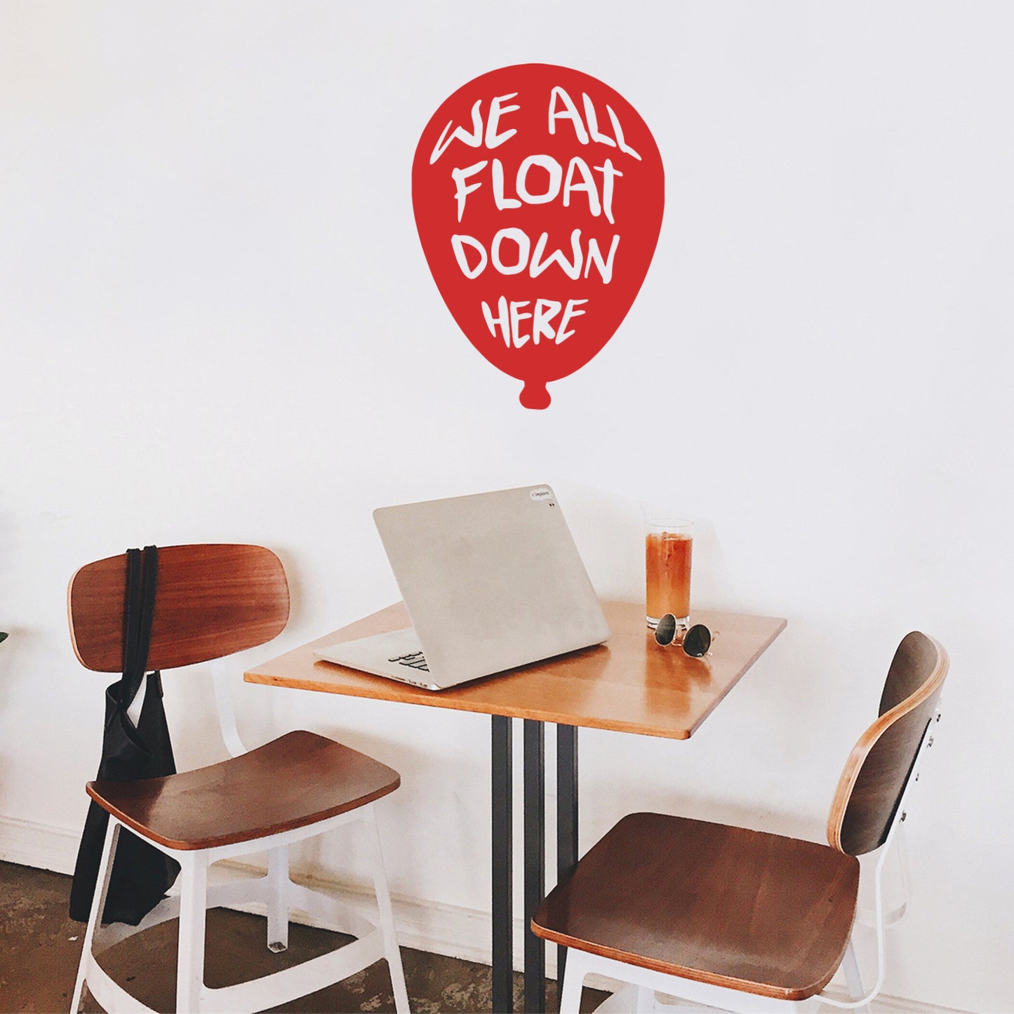 Vinyl Wall Art Decal - We All Float Down Here - from 31" x 22" - Trendy Fun Scary Balloon Shape Design for Halloween Season Sticker for Living Room Entryway Office Coffee Shop Store Spooky Decor