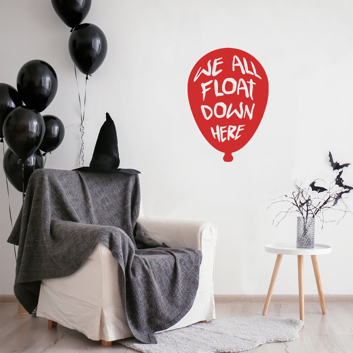 Vinyl Wall Art Decal - We All Float Down Here - from 31" x 22" - Trendy Fun Scary Balloon Shape Design for Halloween Season Sticker for Living Room Entryway Office Coffee Shop Store Spooky Decor