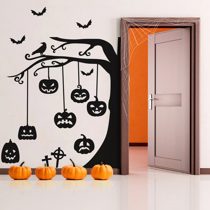 Halloween Wall Decals - Graveyard Tree & Pumpkin Vinyl Sticker - Removable Wall Decal Peel and Stick Indoor Outdoor Halloween Decorations for Home, Office, School, Doors and Windows