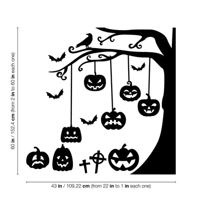 Halloween Wall Decals - Graveyard Tree & Pumpkin Vinyl Sticker - Removable Wall Decal Peel and Stick Indoor Outdoor Halloween Decorations for Home, Office, School, Doors and Windows