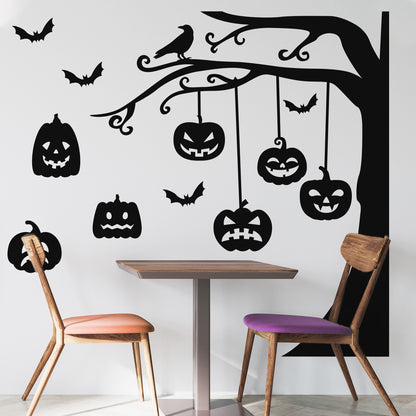 Halloween Wall Decals - Graveyard Tree & Pumpkin Vinyl Sticker - Removable Wall Decal Peel and Stick Indoor Outdoor Halloween Decorations for Home, Office, School, Doors and Windows