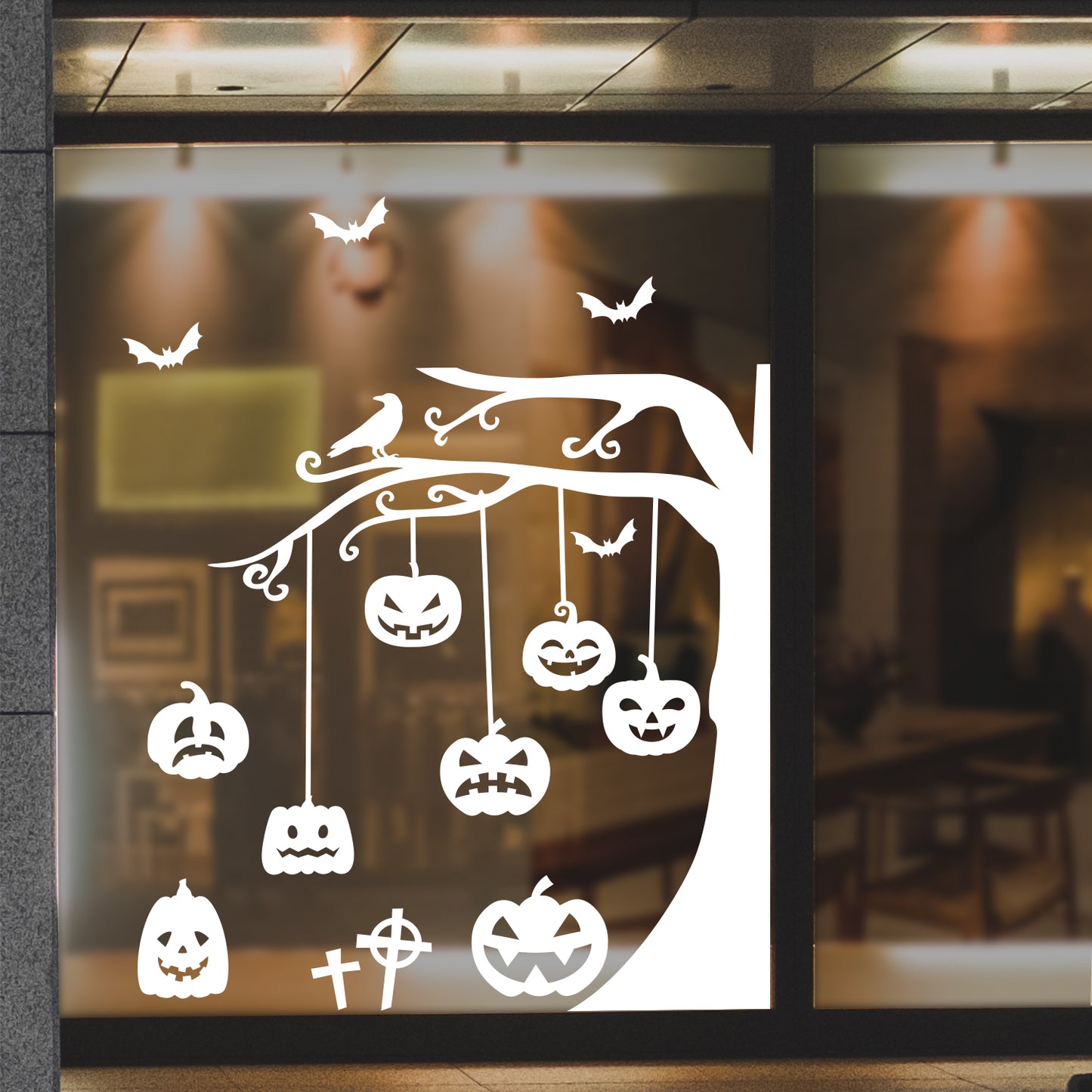 Halloween Wall Decals - Graveyard Tree & Pumpkin Vinyl Sticker - Removable Wall Decal Peel and Stick Indoor Outdoor Halloween Decorations for Home, Office, School, Doors and Windows