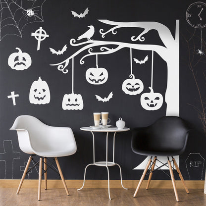 Halloween Wall Decals - Graveyard Tree & Pumpkin Vinyl Sticker - Removable Wall Decal Peel and Stick Indoor Outdoor Halloween Decorations for Home, Office, School, Doors and Windows