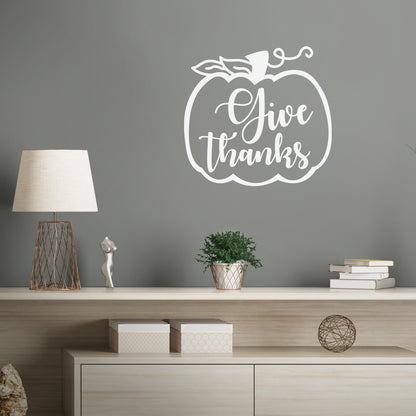 Vinyl Wall Art Decal - Give Thanks - 22" x 23" - Modern Inspirational Cute Thankful Quote Fall Season Pumpkin Design Sticker for Office Business Coffee Shop Store School Entryway Door Decor