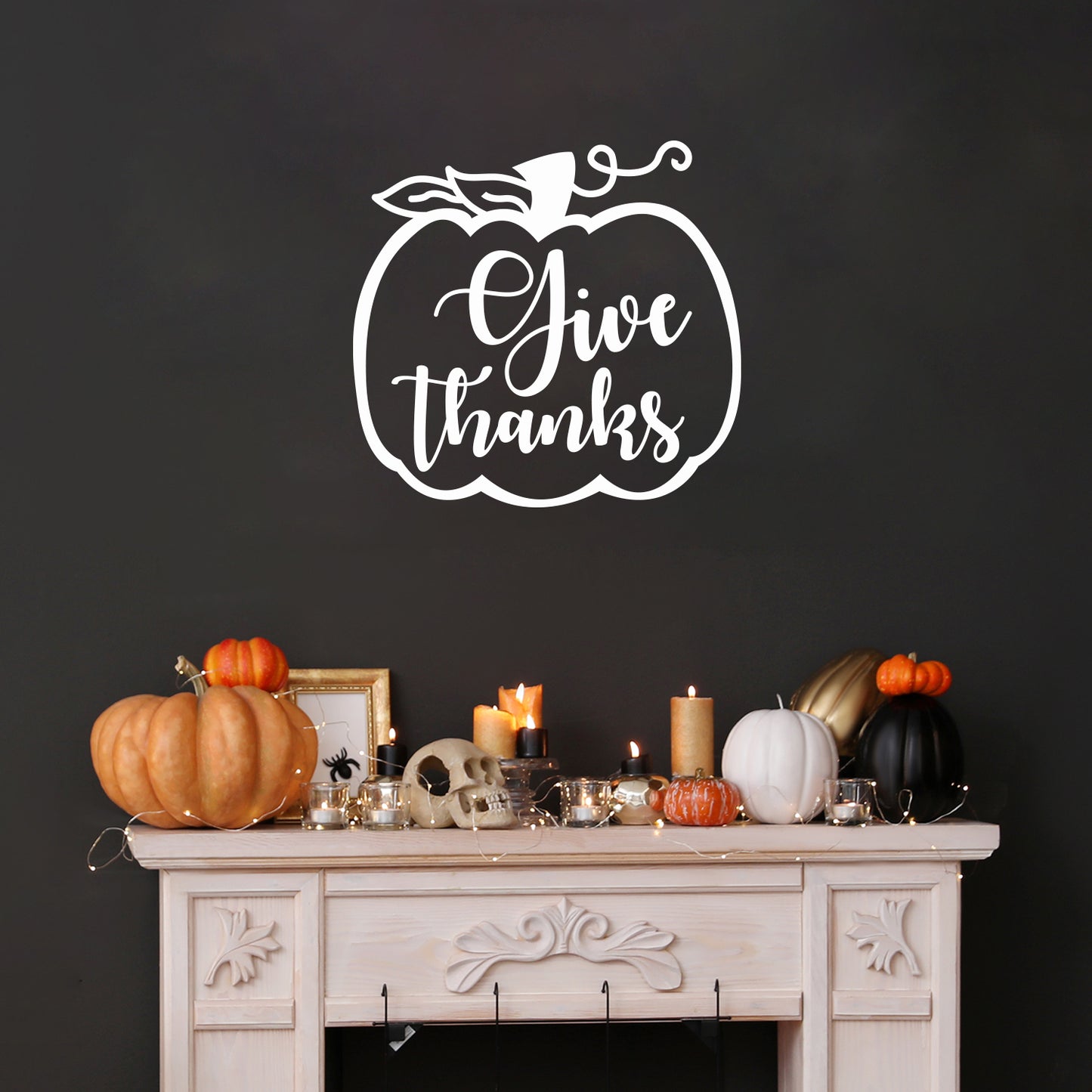 Vinyl Wall Art Decal - Give Thanks - 22" x 23" - Modern Inspirational Cute Thankful Quote Fall Season Pumpkin Design Sticker for Office Business Coffee Shop Store School Entryway Door Decor