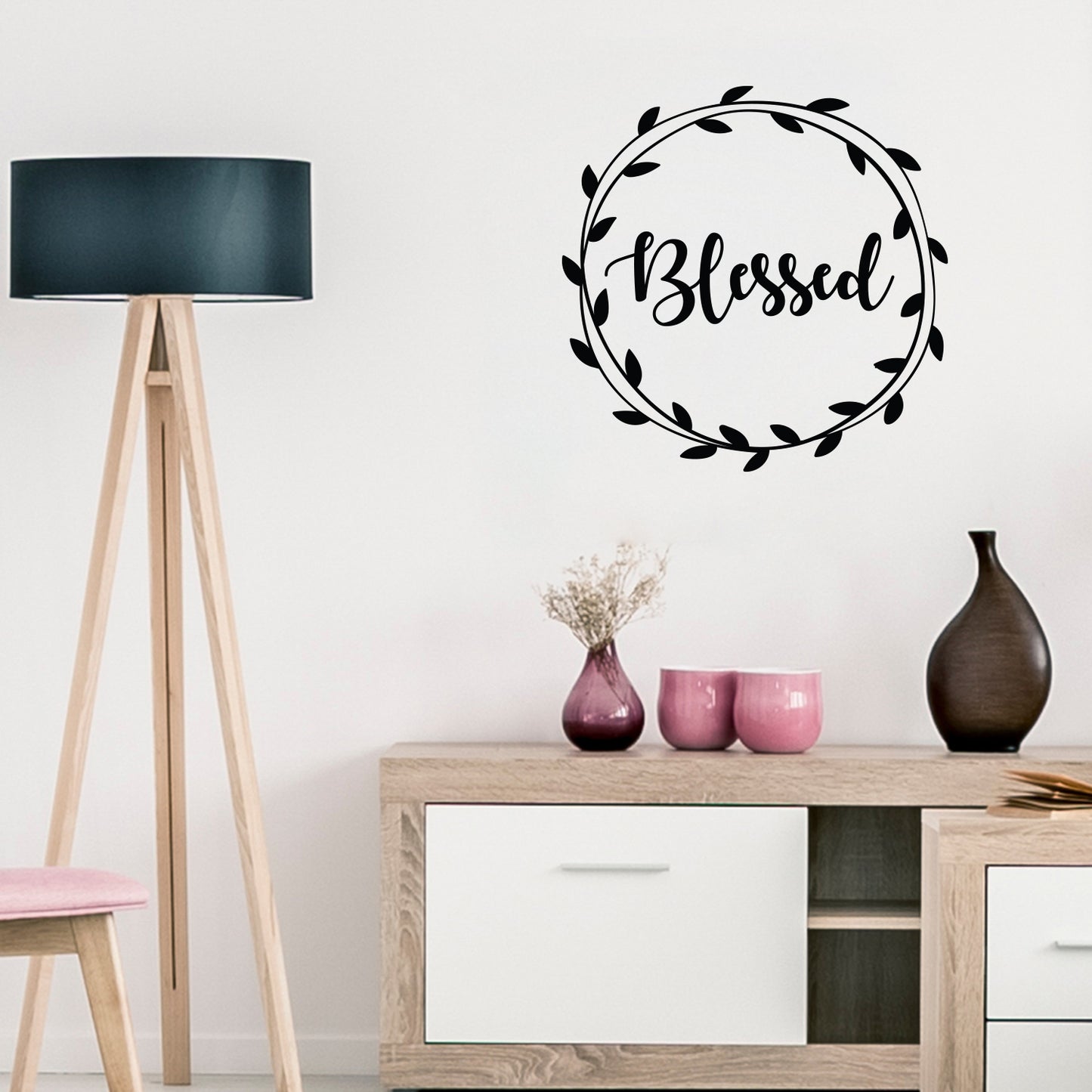 Vinyl Wall Art Decal - Blessed - 22" x 22" - Cute Trendy Grateful Inspirational Thanksgiving Season Quote Wreath Shape Sticker for Office Storefront Coffee Shop School Entryway Door Apartment Decor