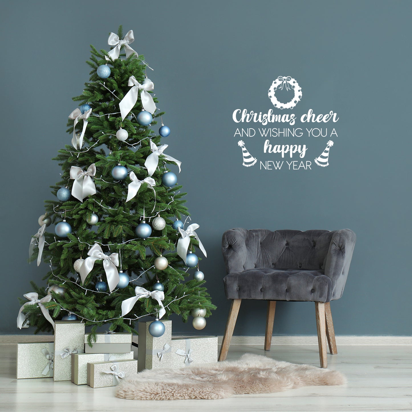 Vinyl Wall Art Decal - Christmas Cheer and Wishing You A Happy New Year - 17" x 19.5" - Lovely Inspiring Quote Sticker for Bedroom Living Room Windows Coffee Shop Holyday Season Decor