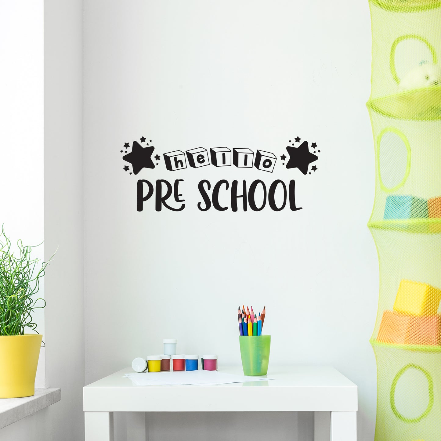 Vinyl Wall Art Decal - Hello Pre School - 11.5" x 30" - Cute Educational Quote Sticker for Classroom Kids Room Home Kindergarten Fun Playroom Preschool Decor