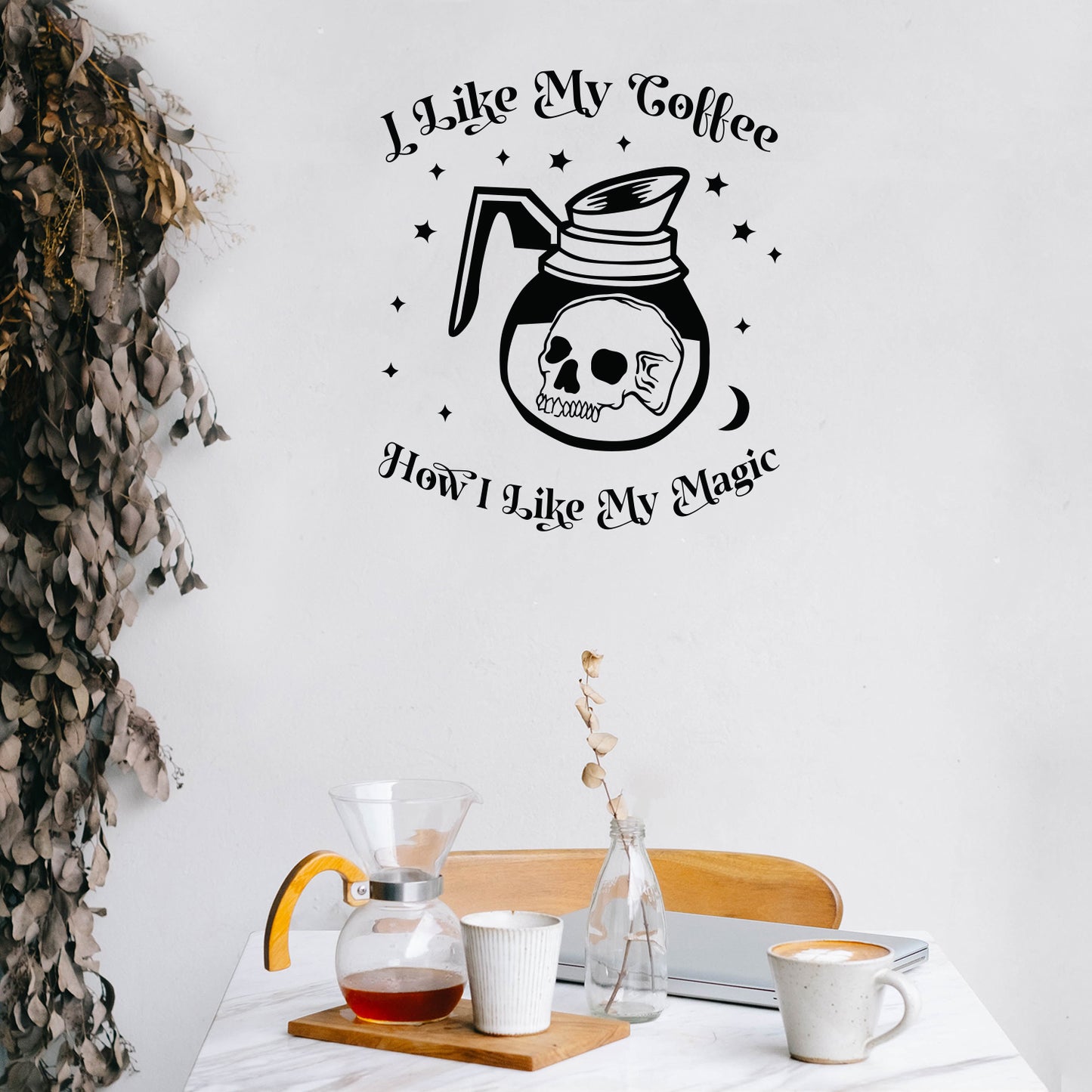 Vinyl Wall Art Decal - I Like My Coffee How I Like My Magic - 25" x 22" - Modern Halloween Quote Glass Carafe Skull Design Sticker for Home Office Kitchenette Spooky Decor