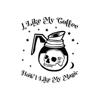 Vinyl Wall Art Decal - I Like My Coffee How I Like My Magic - 25" x 22" - Modern Halloween Quote Glass Carafe Skull Design Sticker for Home Office Kitchenette Spooky Decor