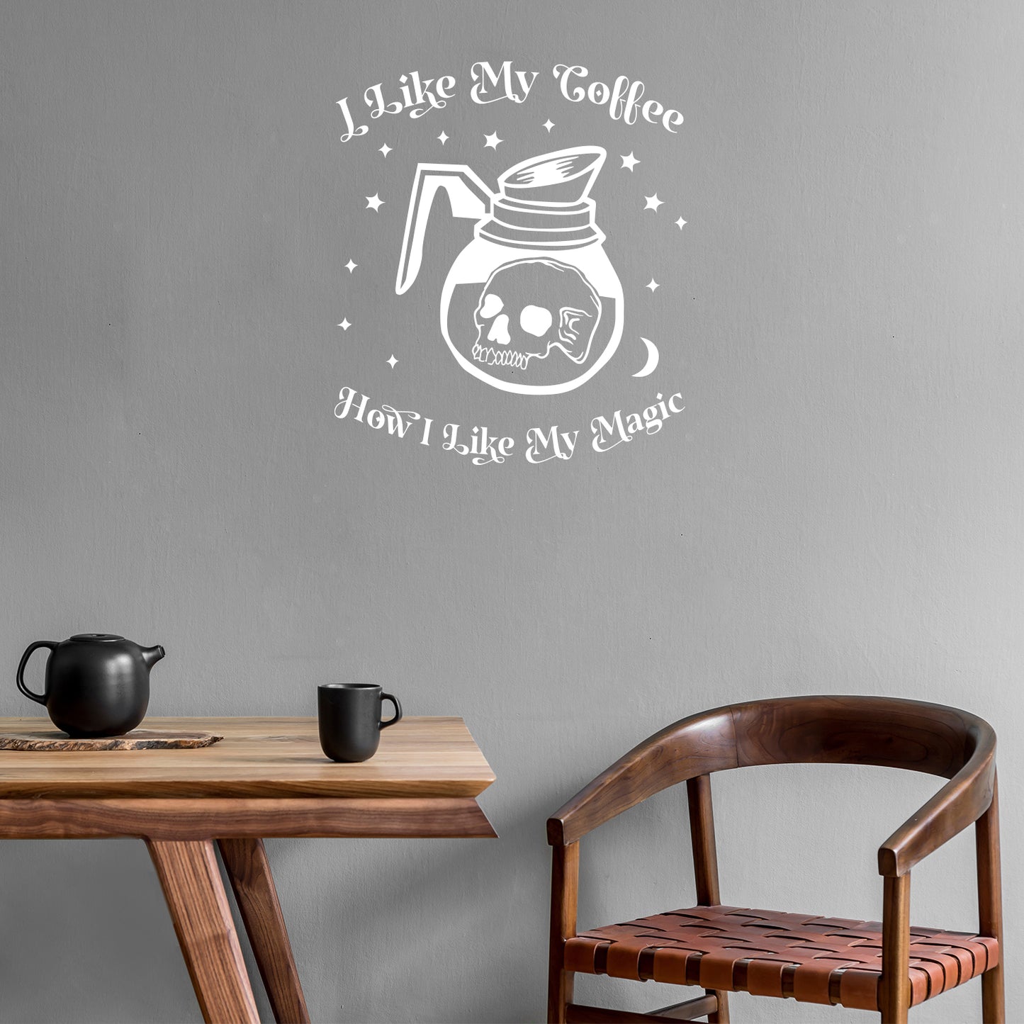 Vinyl Wall Art Decal - I Like My Coffee How I Like My Magic - 25" x 22" - Modern Halloween Quote Glass Carafe Skull Design Sticker for Home Office Kitchenette Spooky Decor