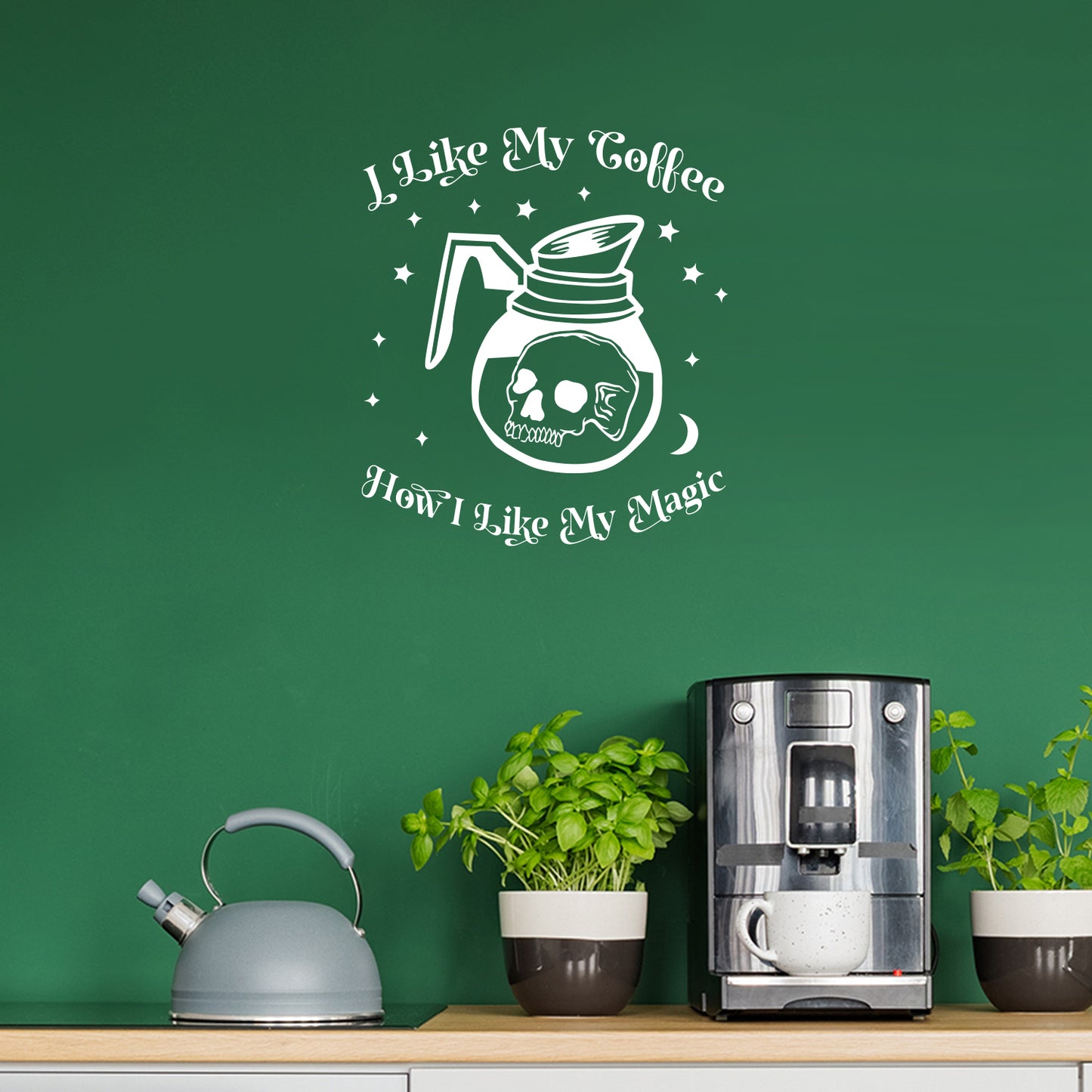 Vinyl Wall Art Decal - I Like My Coffee How I Like My Magic - 25" x 22" - Modern Halloween Quote Glass Carafe Skull Design Sticker for Home Office Kitchenette Spooky Decor