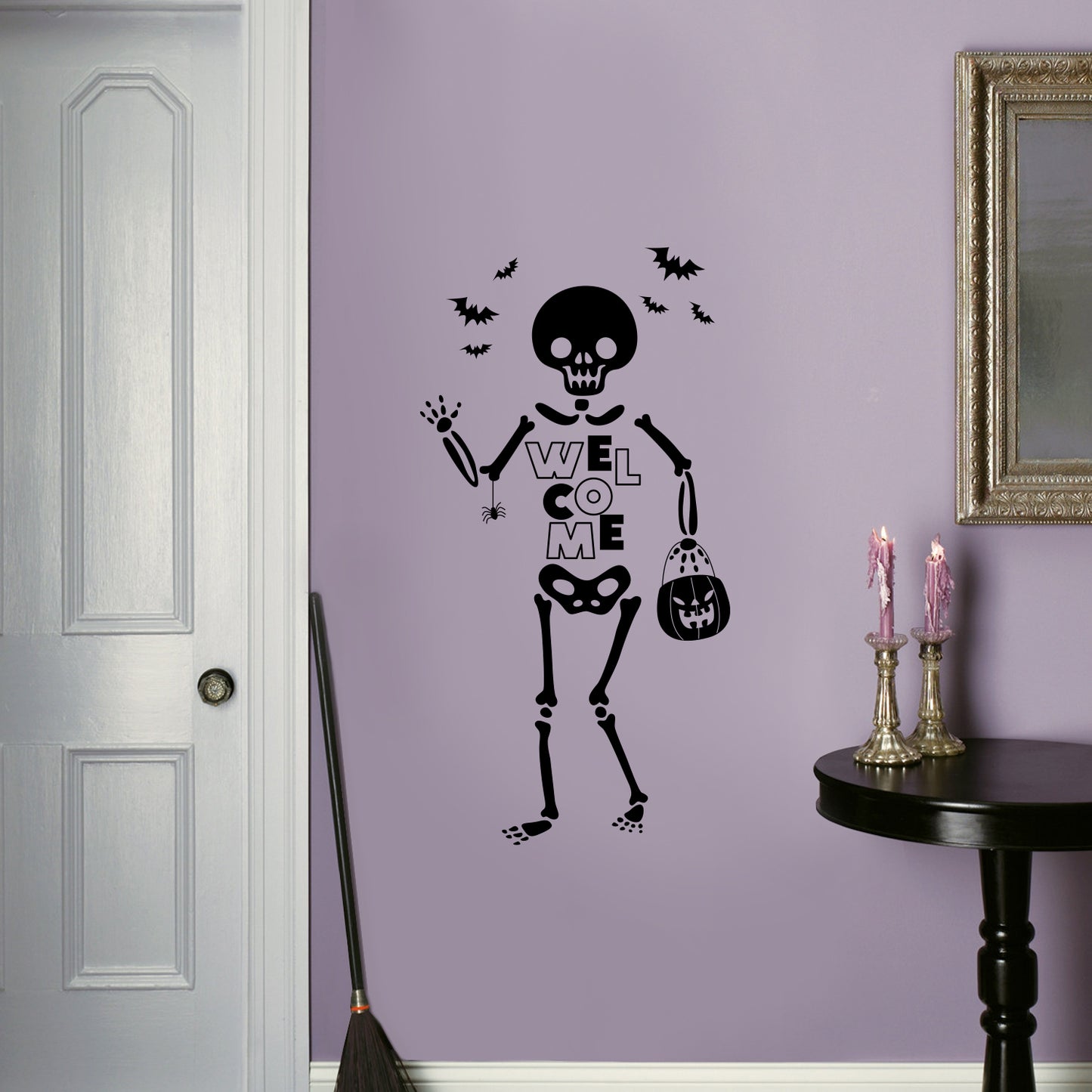 Vinyl Wall Art Decal - Welcome Skeleton - 31" x 16" - Trendy Cool Halloween Season Fun Bats Design Sticker for Home Family Room Windows Entry Hall Doors Storefront Coffee Shop School Spooky Decor