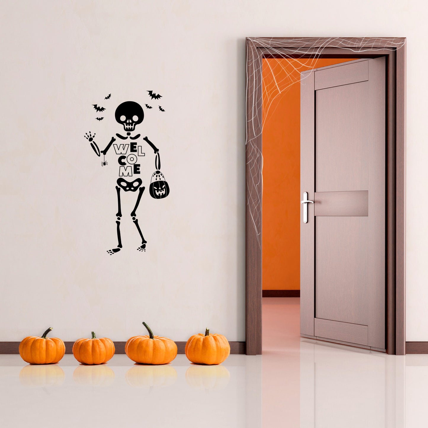 Vinyl Wall Art Decal - Welcome Skeleton - 31" x 16" - Trendy Cool Halloween Season Fun Bats Design Sticker for Home Family Room Windows Entry Hall Doors Storefront Coffee Shop School Spooky Decor