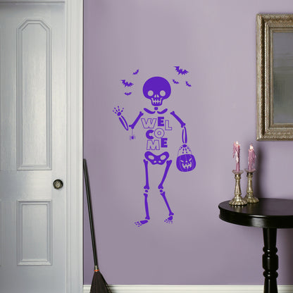 Vinyl Wall Art Decal - Welcome Skeleton - 31" x 16" - Trendy Cool Halloween Season Fun Bats Design Sticker for Home Family Room Windows Entry Hall Doors Storefront Coffee Shop School Spooky Decor