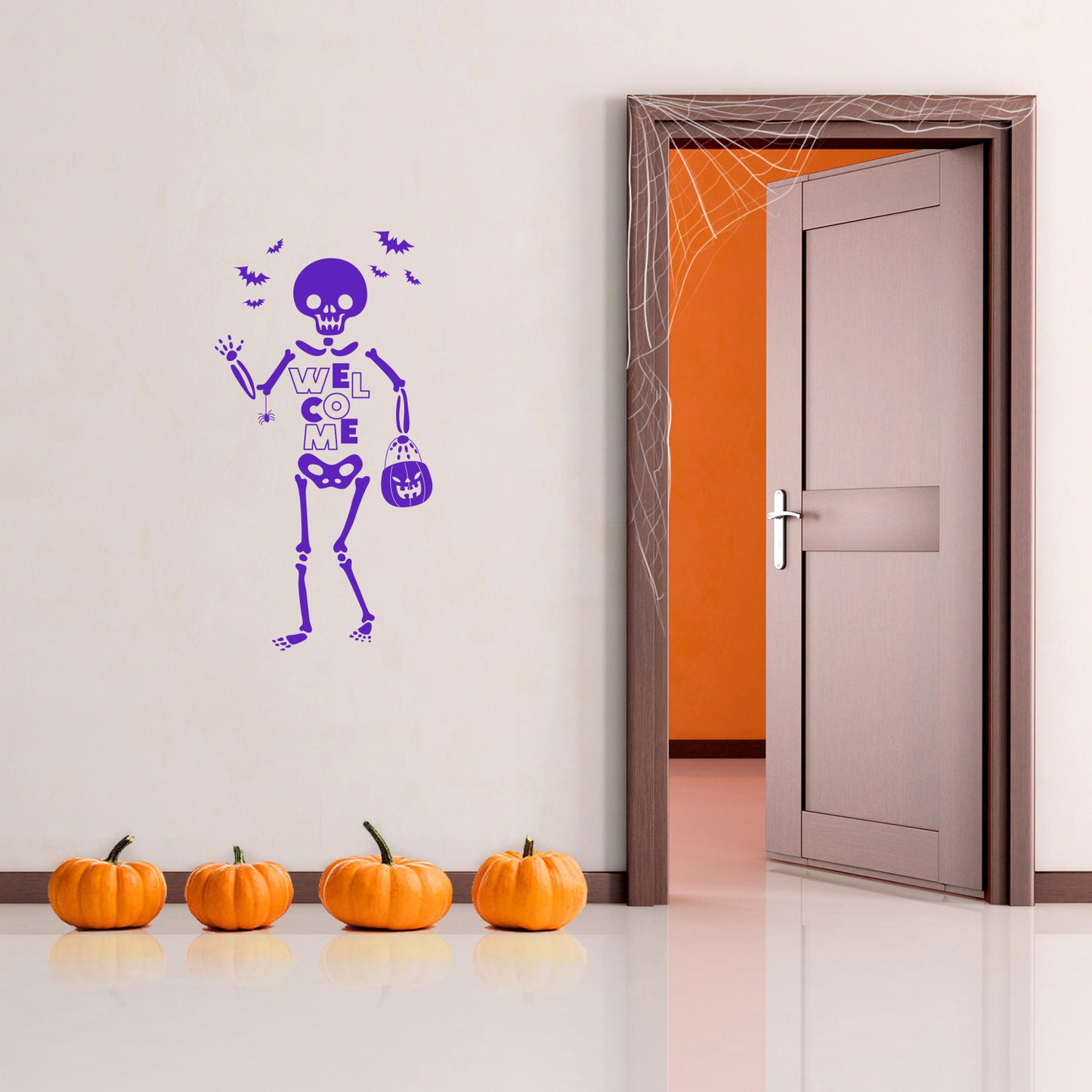 Vinyl Wall Art Decal - Welcome Skeleton - 31" x 16" - Trendy Cool Halloween Season Fun Bats Design Sticker for Home Family Room Windows Entry Hall Doors Storefront Coffee Shop School Spooky Decor