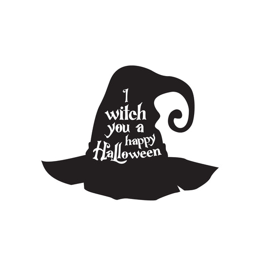 Vinyl Wall Art Decal - I Witch You A Happy Halloween - 16.5" x 22" - Hat Design Seasonal Halloween Quote Sticker for Entryway Storefront Office Living Room Scary Spooky Decor