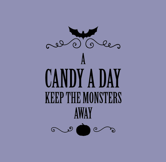 Vinyl Wall Art Decal - A Candy A Day Keeps The Monsters Away - 22" x 15" - Pumpkin Design Seasonal Halloween Quote Sticker for Entryway Storefront Office Living Room Scary Spooky Decor