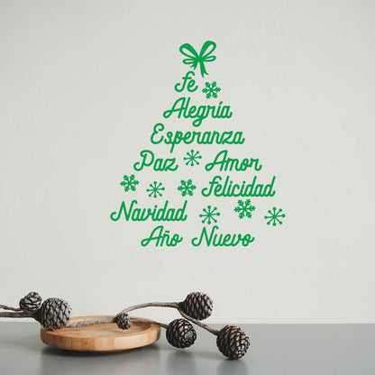 Vinyl Wall Art Decal - Fe Alegria Esperanza Paz Amor - 16" x 19" - Christmas Tree Shape Season Trendy Seasonal Spanish Quote Sticker for Home Mexican Living Room Office Store Decor