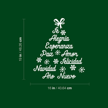 Vinyl Wall Art Decal - Fe Alegria Esperanza Paz Amor - 16" x 19" - Christmas Tree Shape Season Trendy Seasonal Spanish Quote Sticker for Home Mexican Living Room Office Store Decor