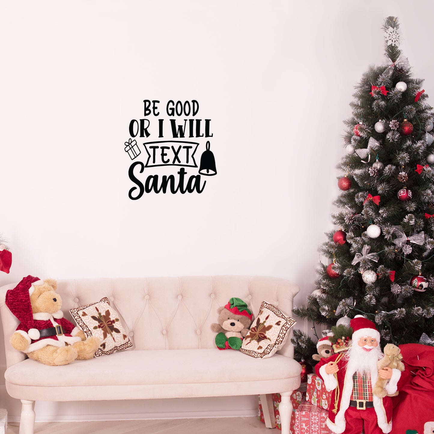 Vinyl Wall Art Decal - Be Good Or I Will Text Santa - 17" x 20" - Lovely Inspiring Fun Christmas Season Quote Sticker for Home Family Living Room Playroom Playground Holiday Decor