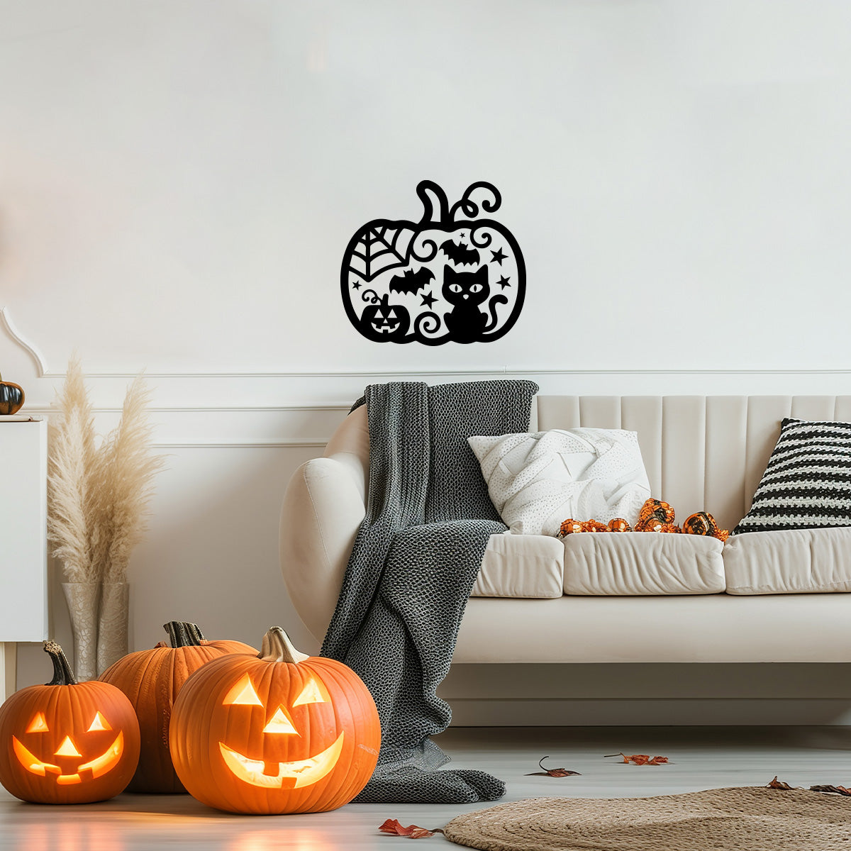 Vinyl Wall Decal Halloween Pumpkin cat 16'' X 18''- Fun Halloween, Seasonal Decor - Teens, Adults, Indoor, Outdoor, Wall, Door, Window, Living Room, Office