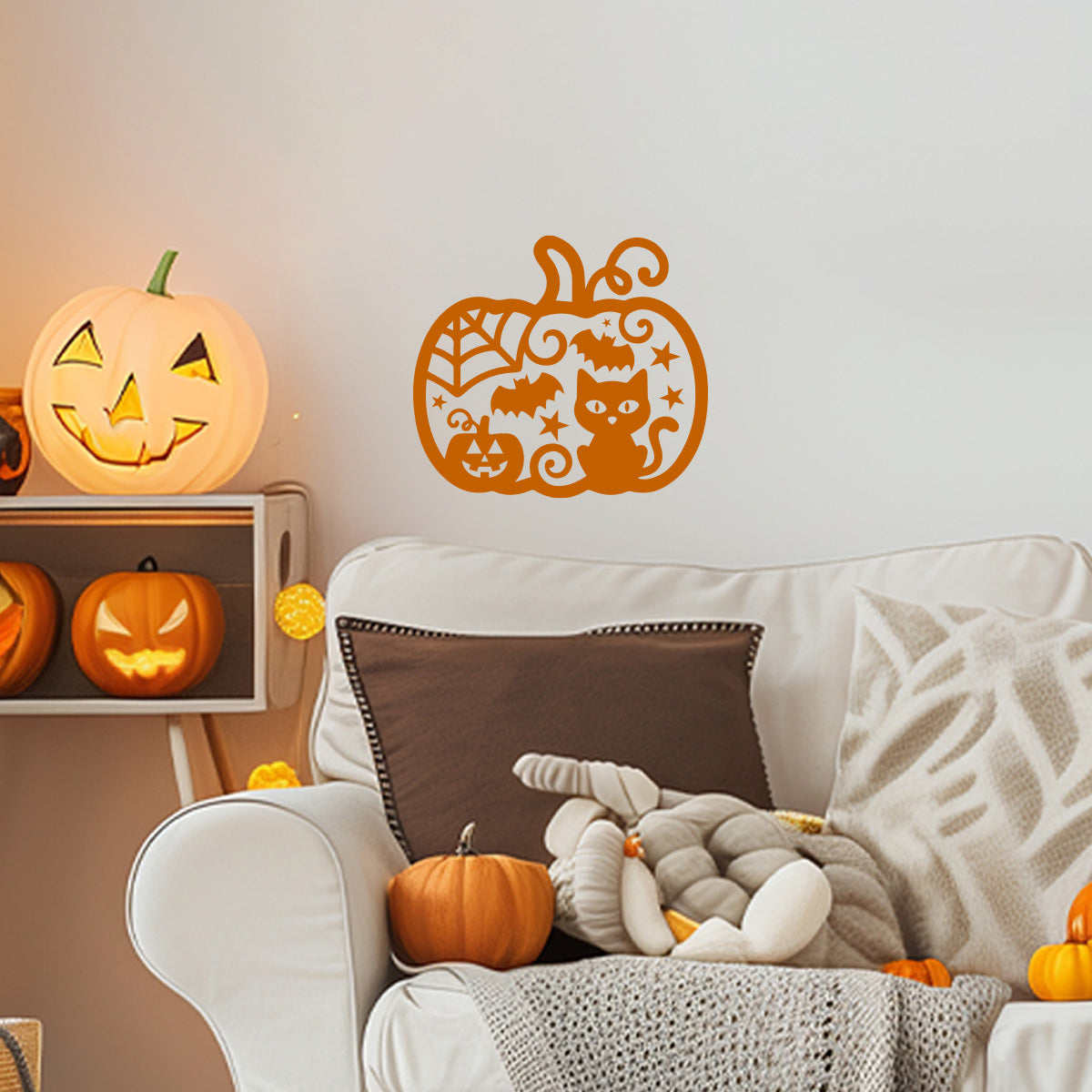 Vinyl Wall Decal Halloween Pumpkin cat 16'' X 18''- Fun Halloween, Seasonal Decor - Teens, Adults, Indoor, Outdoor, Wall, Door, Window, Living Room, Office