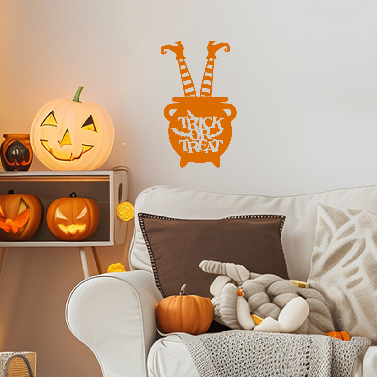 Vinyl Wall Decal Halloween Trick or Treat Cauldron 22'' X 13''- Fun Halloween, Seasonal Decor - Teens, Adults, Indoor, Outdoor, Wall, Door, Window, Living Room, Office