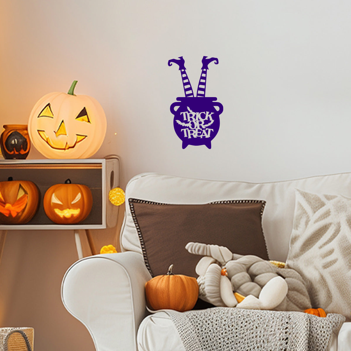 Vinyl Wall Decal Halloween Trick or Treat Cauldron 22'' X 13''- Fun Halloween, Seasonal Decor - Teens, Adults, Indoor, Outdoor, Wall, Door, Window, Living Room, Office