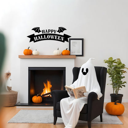 Vinyl Wall Decal - Happy Halloween Bat Wings 16" x 46" - Halloween Lettering, Seasonal Decor - Teens, Adults, Indoor, Outdoor, Wall, Door, Window, Living Room, Office