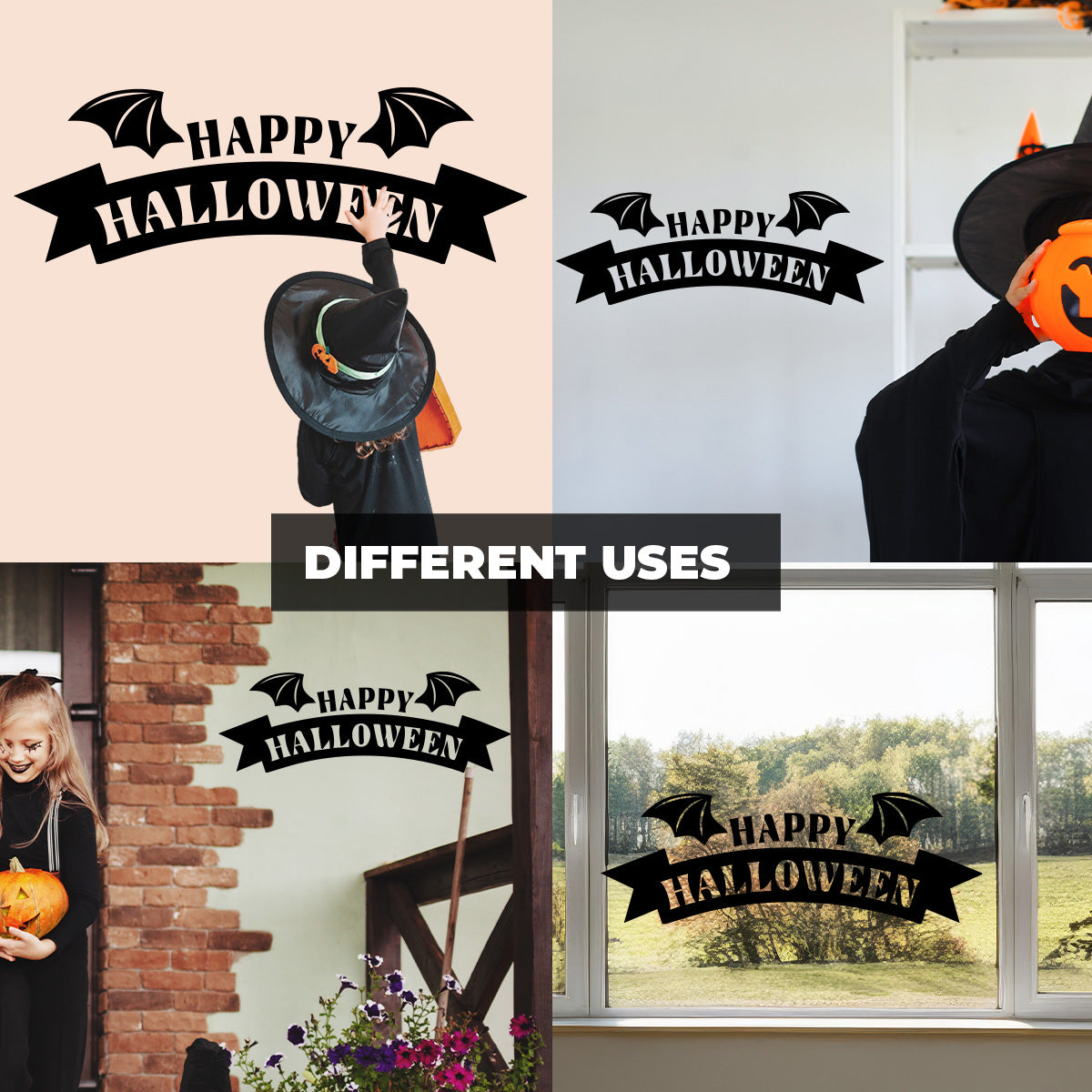 Vinyl Wall Decal - Happy Halloween Bat Wings 16" x 46" - Halloween Lettering, Seasonal Decor - Teens, Adults, Indoor, Outdoor, Wall, Door, Window, Living Room, Office