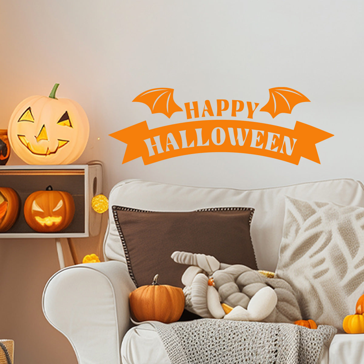 Vinyl Wall Decal - Happy Halloween Bat Wings 16" x 46" - Halloween Lettering, Seasonal Decor - Teens, Adults, Indoor, Outdoor, Wall, Door, Window, Living Room, Office