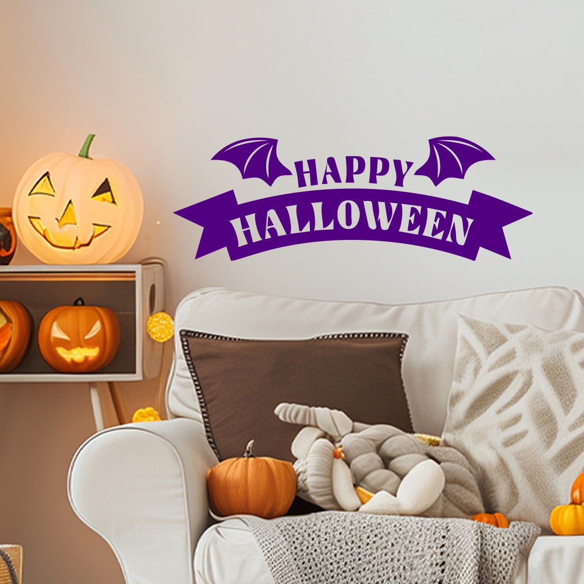 Vinyl Wall Decal - Happy Halloween Bat Wings 16" x 46" - Halloween Lettering, Seasonal Decor - Teens, Adults, Indoor, Outdoor, Wall, Door, Window, Living Room, Office