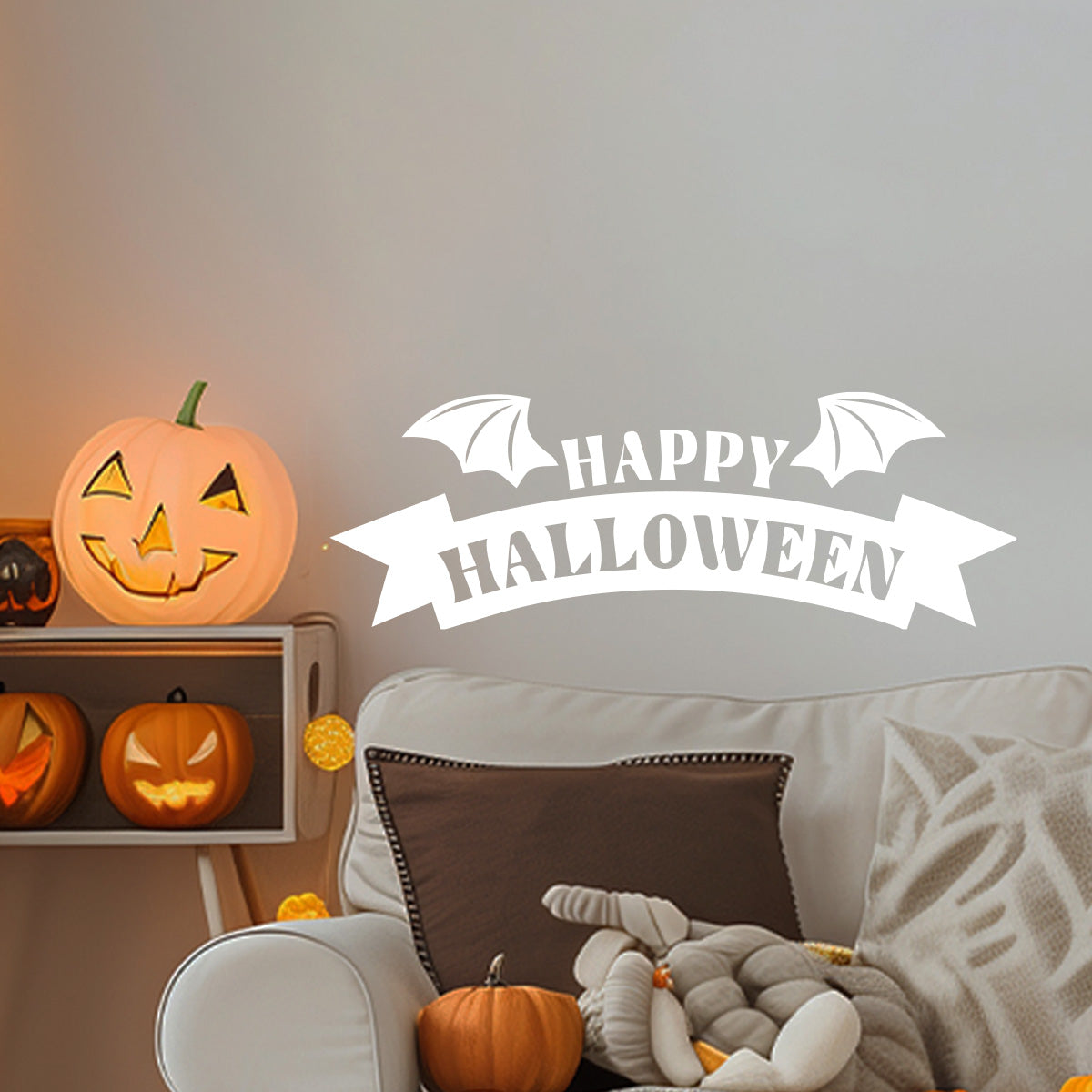 Vinyl Wall Decal - Happy Halloween Bat Wings 16" x 46" - Halloween Lettering, Seasonal Decor - Teens, Adults, Indoor, Outdoor, Wall, Door, Window, Living Room, Office