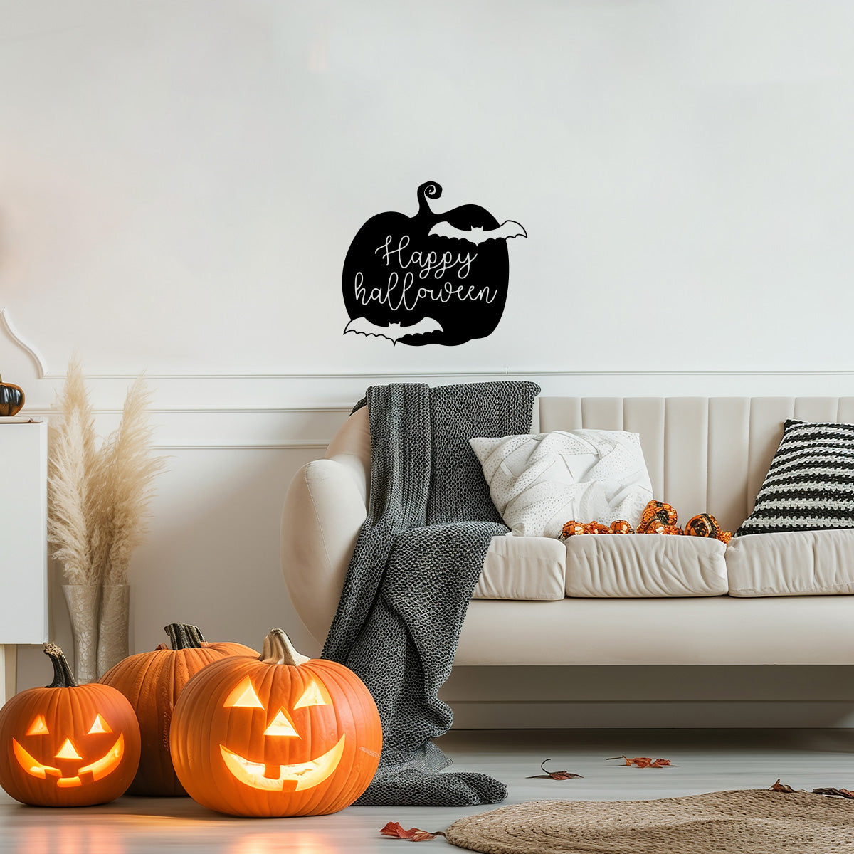 Vinyl Wall Decal - Happy Halloween Pumpkin Bats 16" x 18" - Halloween Decoration, Seasonal Decor - Teens, Adults, Indoor, Outdoor, Wall, Door, Window, Living Room, Office