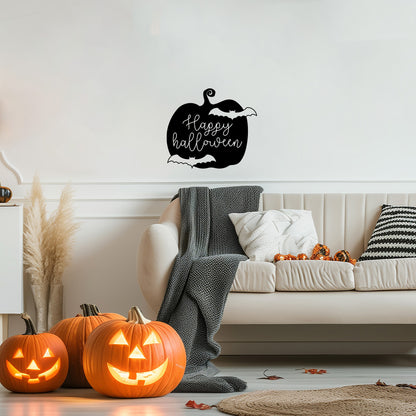 Vinyl Wall Decal - Happy Halloween Pumpkin Bats 16" x 18" - Halloween Decoration, Seasonal Decor - Teens, Adults, Indoor, Outdoor, Wall, Door, Window, Living Room, Office