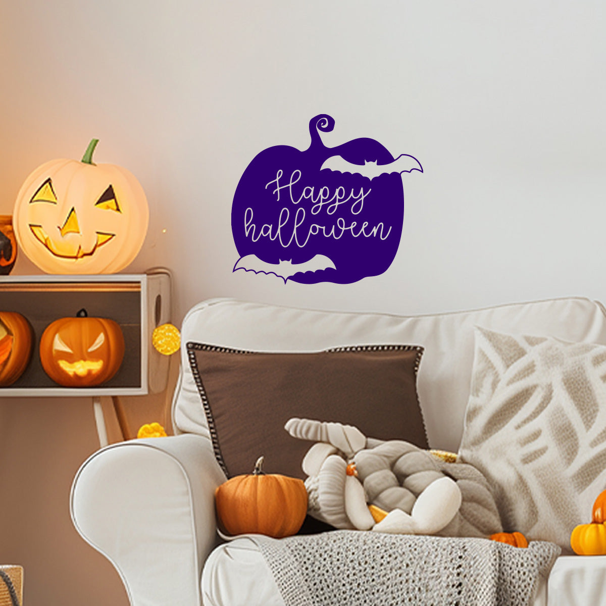 Vinyl Wall Decal - Happy Halloween Pumpkin Bats 16" x 18" - Halloween Decoration, Seasonal Decor - Teens, Adults, Indoor, Outdoor, Wall, Door, Window, Living Room, Office