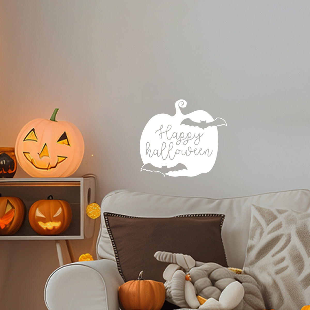 Vinyl Wall Decal - Happy Halloween Pumpkin Bats 16" x 18" - Halloween Decoration, Seasonal Decor - Teens, Adults, Indoor, Outdoor, Wall, Door, Window, Living Room, Office