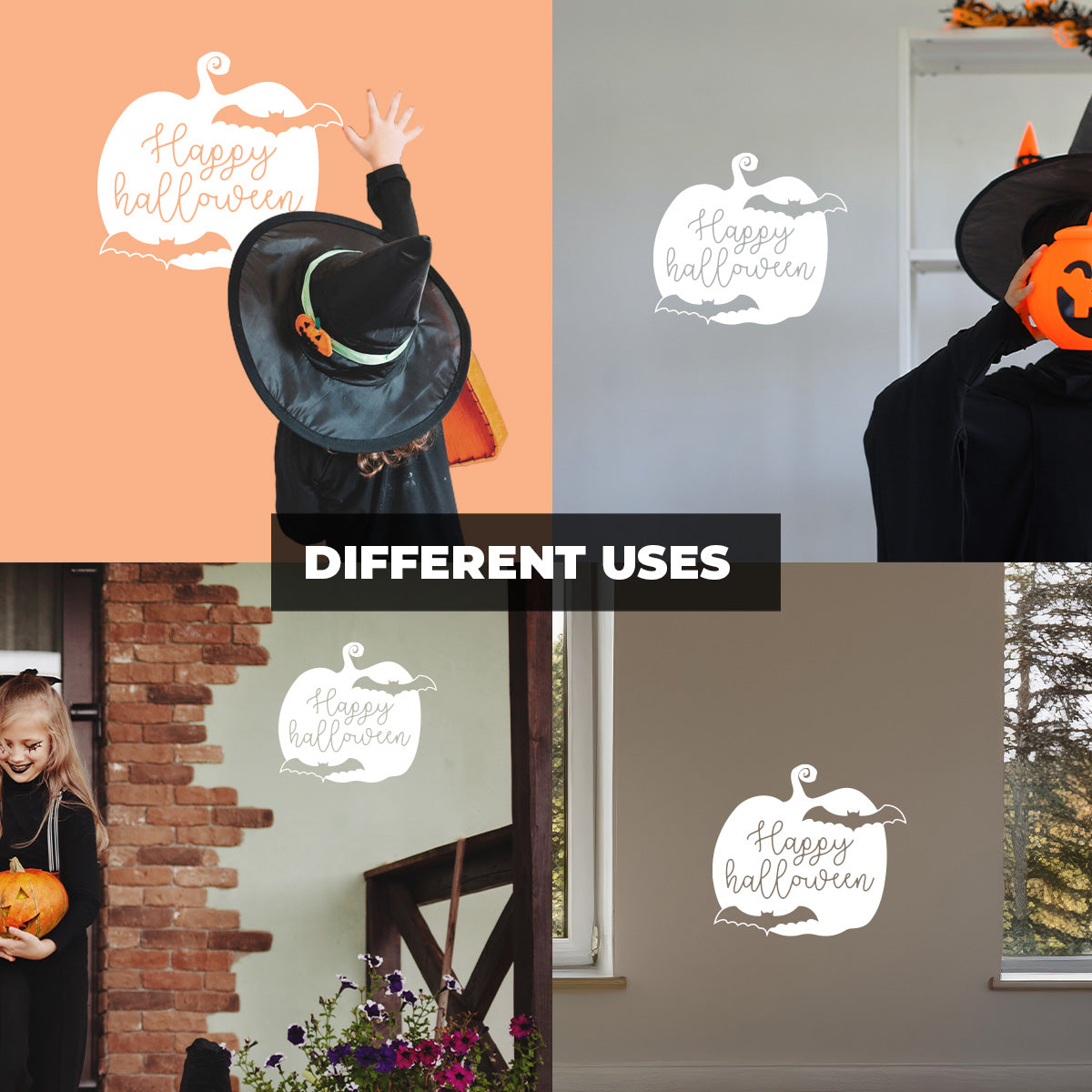 Vinyl Wall Decal - Happy Halloween Pumpkin Bats 16" x 18" - Halloween Decoration, Seasonal Decor - Teens, Adults, Indoor, Outdoor, Wall, Door, Window, Living Room, Office