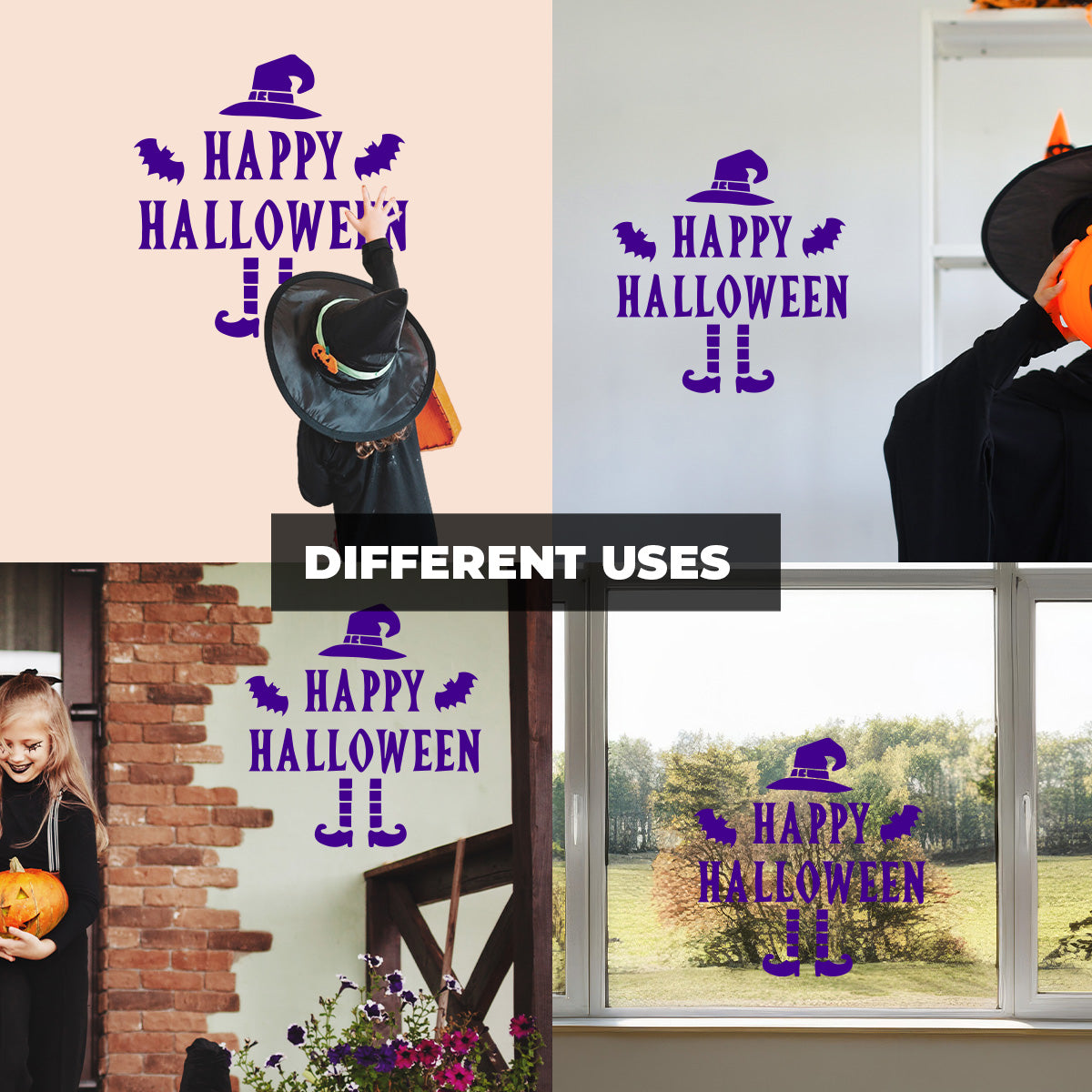 Vinyl Wall Decal - Happy Halloween Witch Hat 22" x 21" - Halloween Decoration, Seasonal Decor - Teens, Adults, Indoor, Outdoor, Wall, Door, Window, Living Room, Office