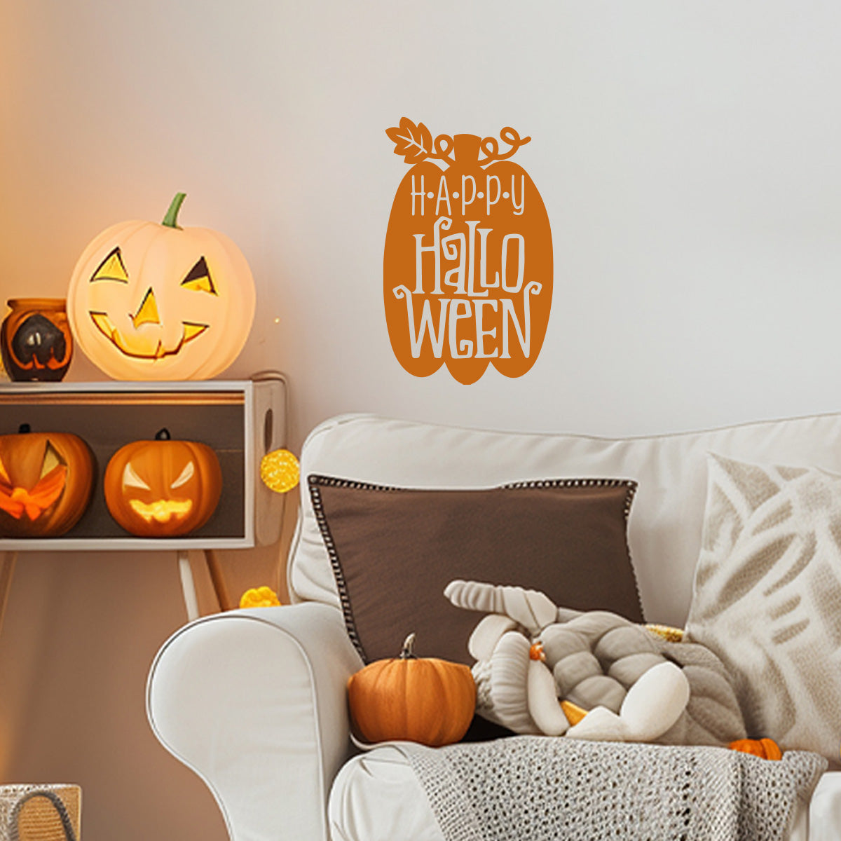 Vinyl Wall Decal - Happy Halloween Pumpkin 16" x 10" - Halloween Decoration, Seasonal Decor - Teens, Adults, Indoor, Outdoor, Wall, Door, Window, Living Room, Office