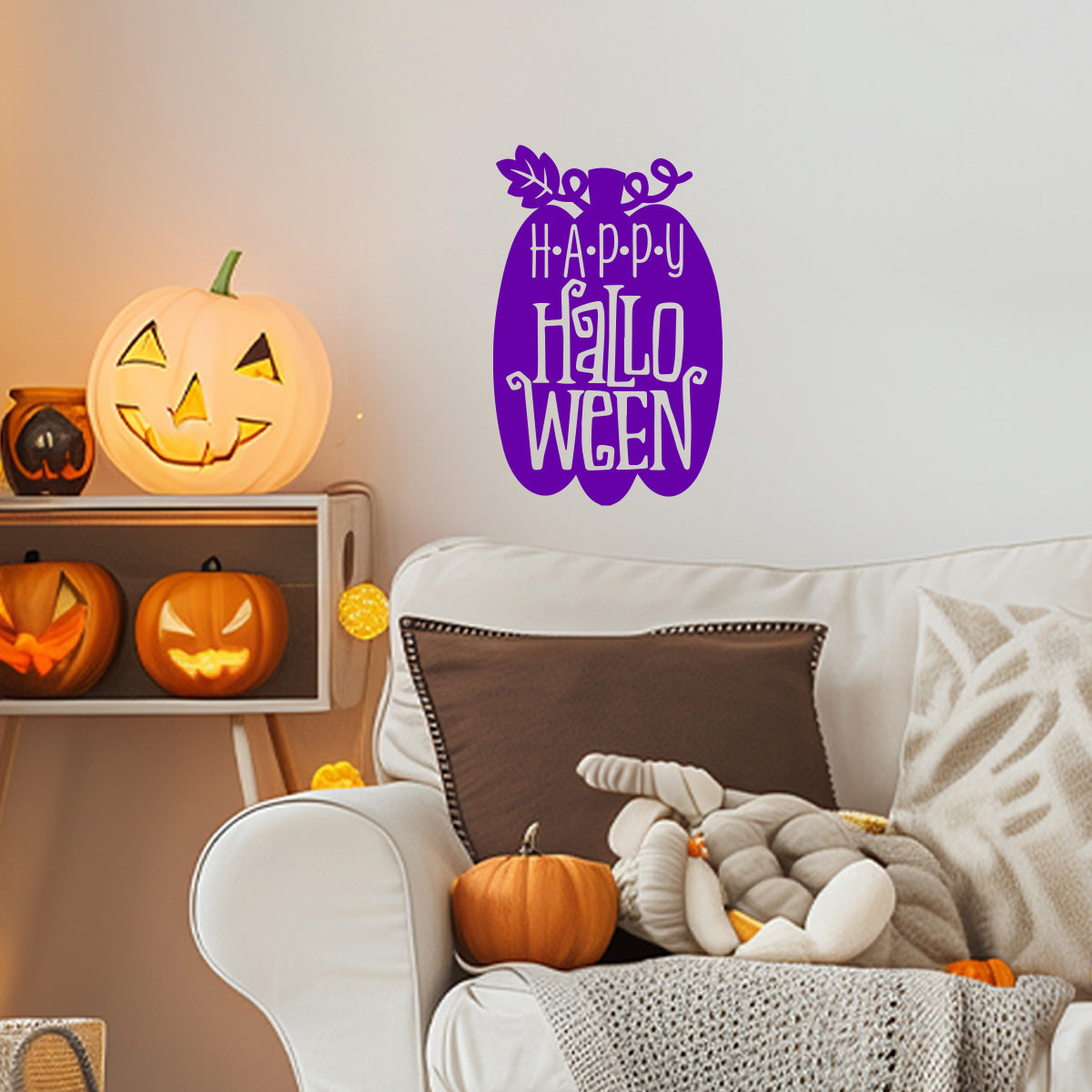 Vinyl Wall Decal - Happy Halloween Pumpkin 16" x 10" - Halloween Decoration, Seasonal Decor - Teens, Adults, Indoor, Outdoor, Wall, Door, Window, Living Room, Office